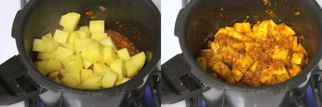 Collage of 2 images showing adding and mixing potato cubes.