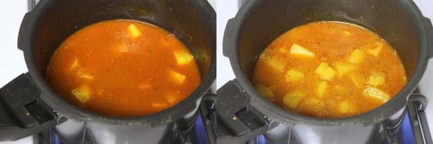 Collage of 2 images showing adding water and cooked curry.