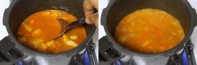 Collage of 2 images showing mashing a few potatoes and simmering.