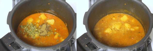 Collage of 2 images showing adding and mixing remaining spices.