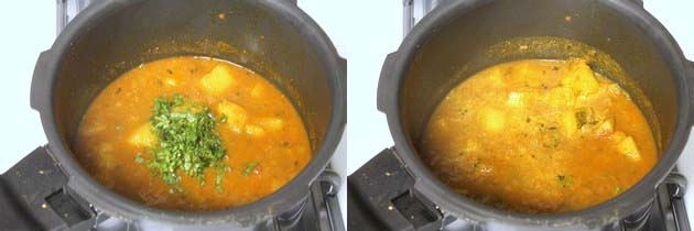 Collage of 2 images showing adding and mixing cilantro.