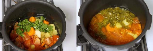 adding water and pressure cooking the veggies