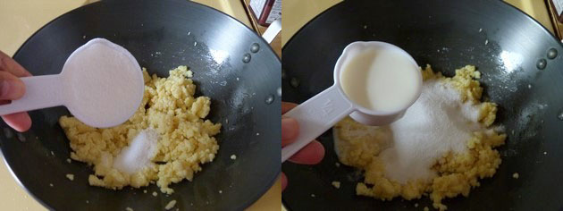 adding sugar and milk to khoya
