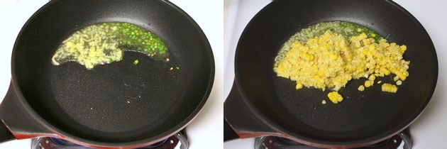 Collage of 2 images showing sauteing ginger and green chili and adding crushed corn.