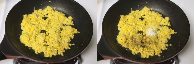 Collage of 2 images showing mixing and adding salt and pepper.