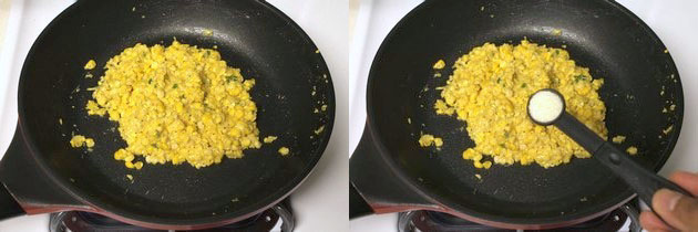 Collage of 2 images showing cooked mixture and adding sugar.