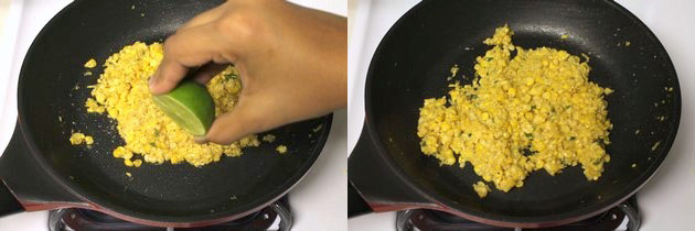 Collage of 2 images showing adding lemon juice and mixed.