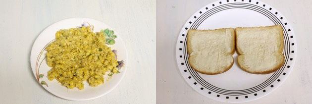 Collage of 2 images showing corn sandwich mixture in a plate and buttered bread slices on a plate.