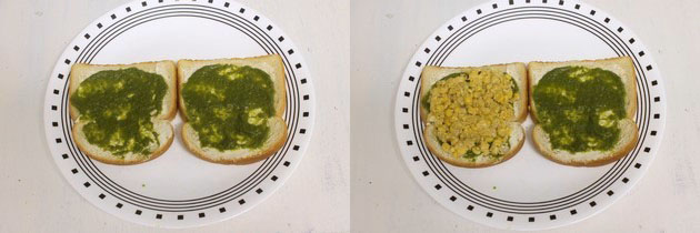 Collage of 2 images showing applying chutney on the bread slices and placing stuffing.