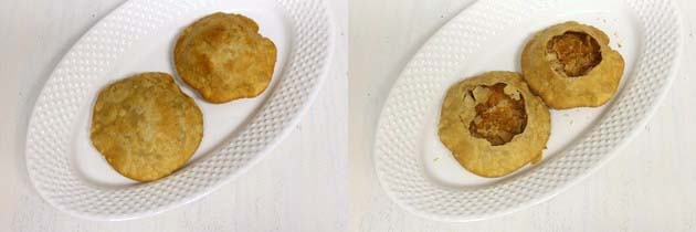 making a hole in the center of the kachori.