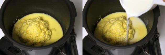 Collage of 2 images showing crushed sweet corn and adding milk.