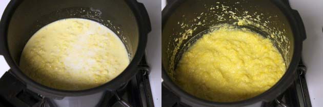 Collage of 2 images showing mixing and pressure cooked.