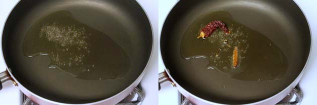 Collage of 2 images showing adding mustard seeds in the oil and whole spices.