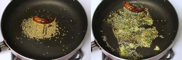 Collage of 2 images showing adding sesame seeds and sauteing ginger, green chili.