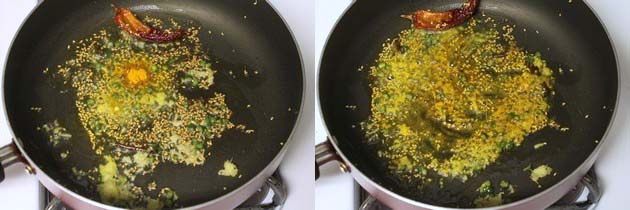 Collage of 2 images showing adding turmeric powder.