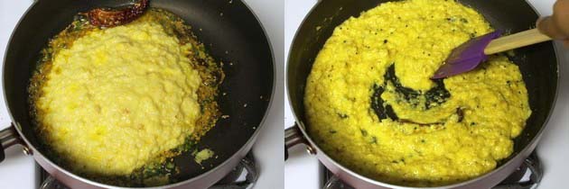 Collage of 2 images showing adding cooked corn and mixing.
