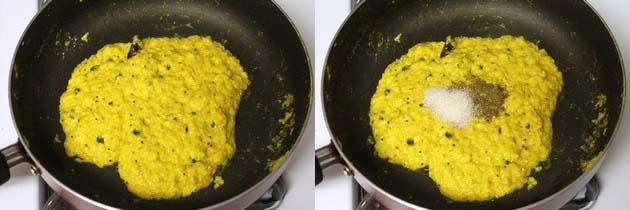 Collage of 2 images showing cooked mixture and adding sugar and garam masala.