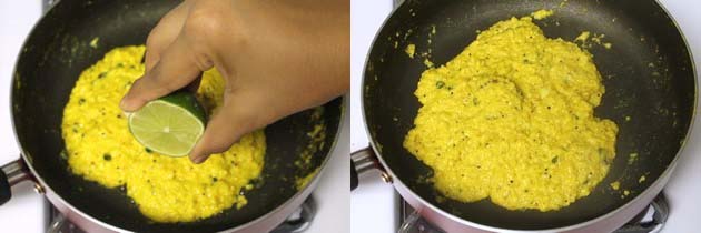 Collage of 2 images showing adding and mixing lemon juice.