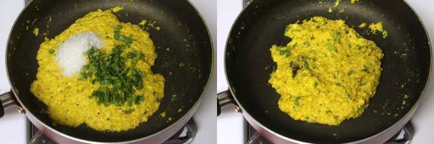 Collage of 2 images showing adding and mixing cilantro and dry coconut.