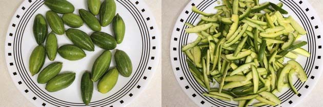 Collage of 2 images showing parwal in a plate and sliced.