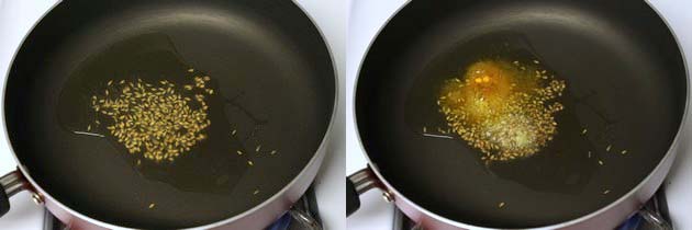 Collage of 2 images showing tempering of cumin seeds and turmeric and hing.