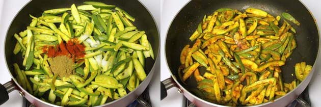 Collage of 2 images showing adding and mixing spices.