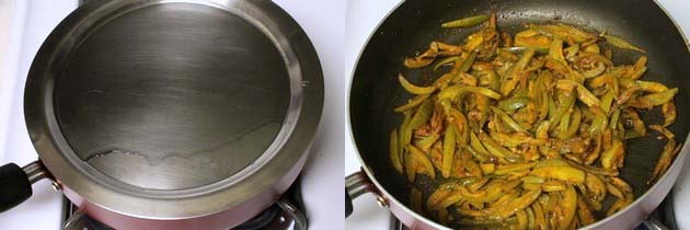 Collage of 2 images showing cooking it covered and cooked parawal.