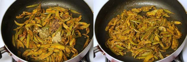 Collage of 2 images showing adding and mixing remaining spices.