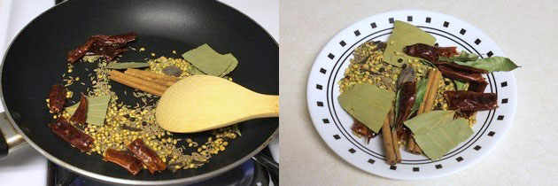 Collage of 2 images showing roasting the spices and removed to a plate.