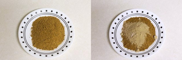 Collage of 2 images showing ground spices and adding amchur.