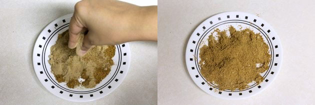 Collage of 2 images showing mixing amchur with fingers and ready pav bhaji masala powder.
