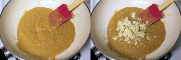 adding jaggery to roasted flour