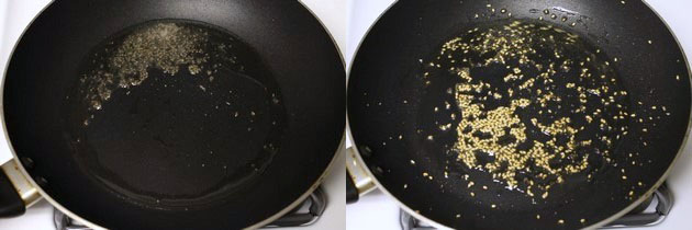 Collage of 2 images showing tempering of mustard seeds and sesame seeds.