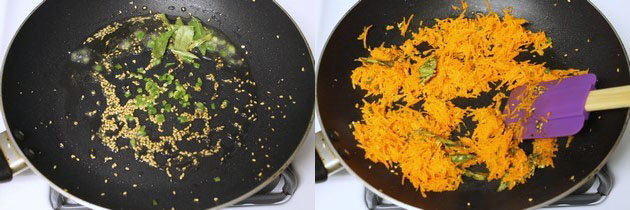 Collage of 2 images showing adding green chilies and curry leaves and adding carrot.