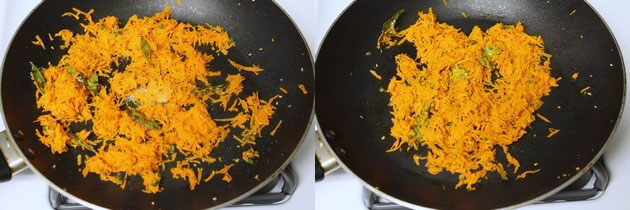 Collage of 2 images showing adding salt and cooked carrot.