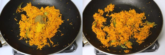 Collage of 2 images showing adding spice powders.