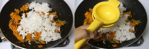 Collage of 2 images showing adding rice and lemon juice.