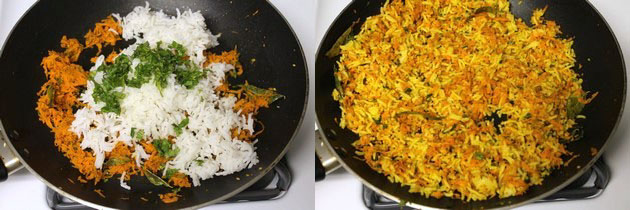 Collage of 2 images showing adding cilantro and mixed.