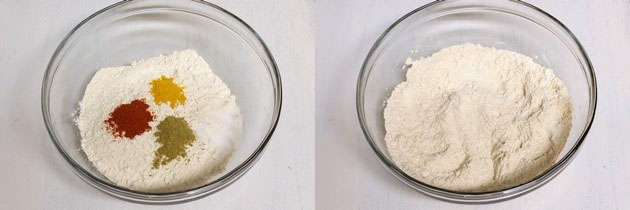 Collage of 2 images showing flour and spices in a bowl and mixed.