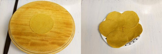 Collage of 2 images showing rolling puri and a more rolled in a plate.