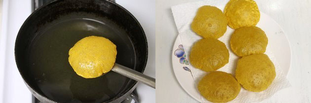 Collage of 2 images showing fried masala puri taking out and placed on the plate.