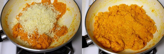 adding khoya to carrot burfi mixture