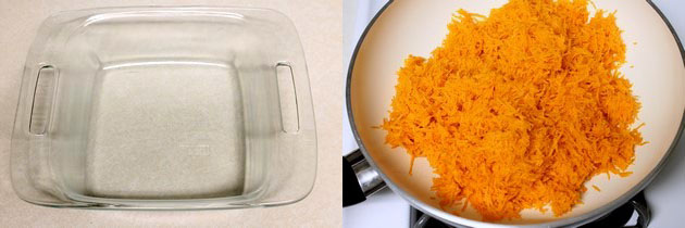 greased tray and grated carrot in a pan