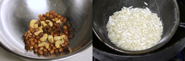 fried nuts in a bowl and frying poha