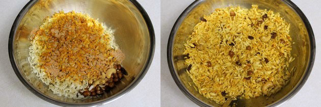 adding and mixing spice mixture with poha