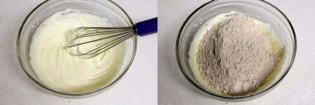 adding flour mixture to ghee-sugar
