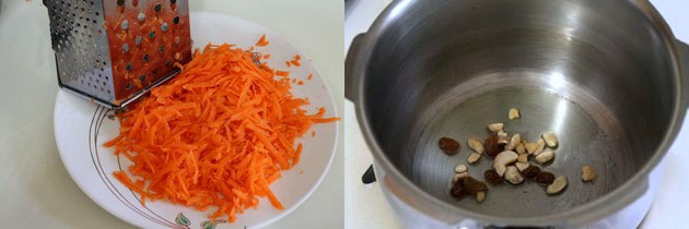 grated carrot and frying cashews, raisins in a cooker