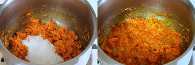 adding sugar and cooking halwa