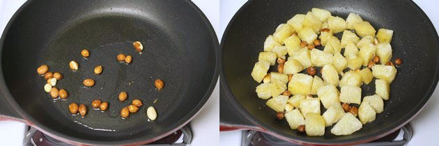 Collage of 2 images showing roasting peanuts and adding potatoes.