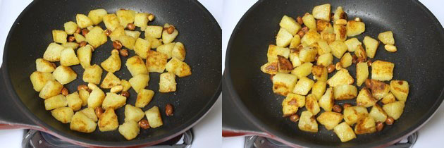 Collage of 2 images showing cooking and roasting until crisp.